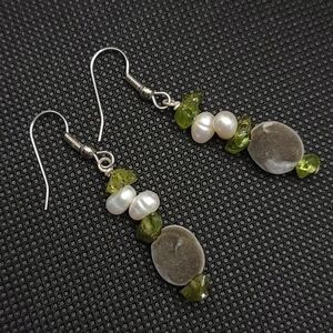 Peridot Pearl Velvet Mgambo Seed Dangle Earrings Silver Tone
